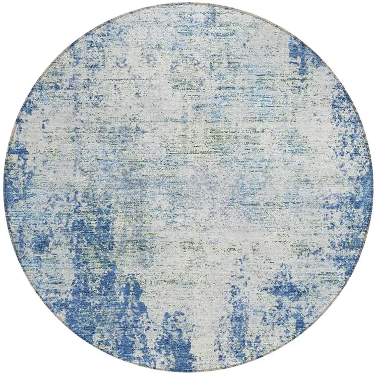 8' Denim Blue And Ivory Round Abstract Washable Indoor Outdoor Area Rug