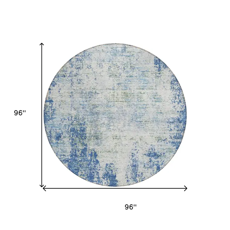 8' Denim Blue And Ivory Round Abstract Washable Indoor Outdoor Area Rug