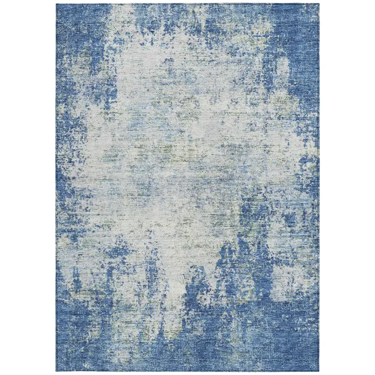 9' X 12' Denim Blue And Ivory Abstract Washable Indoor Outdoor Area Rug