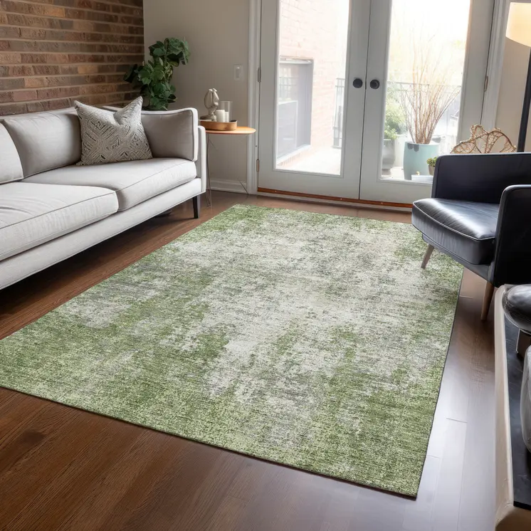 3' X 5' Green And Ivory Abstract Washable Indoor Outdoor Area Rug