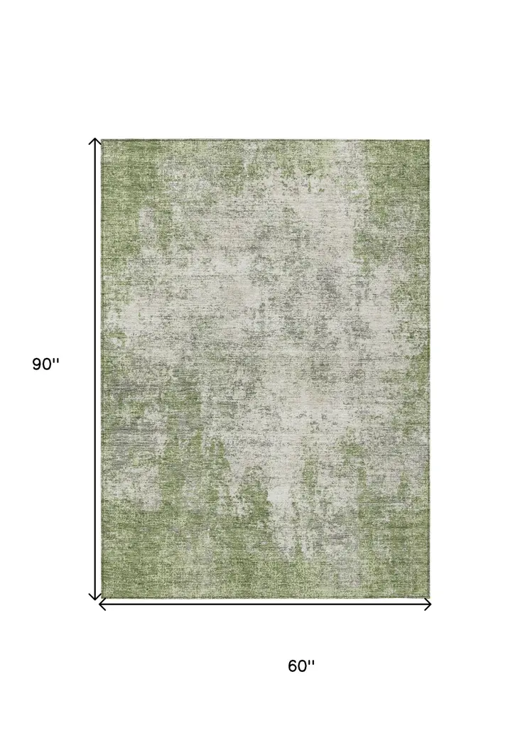 5' X 8' Green And Ivory Abstract Washable Indoor Outdoor Area Rug