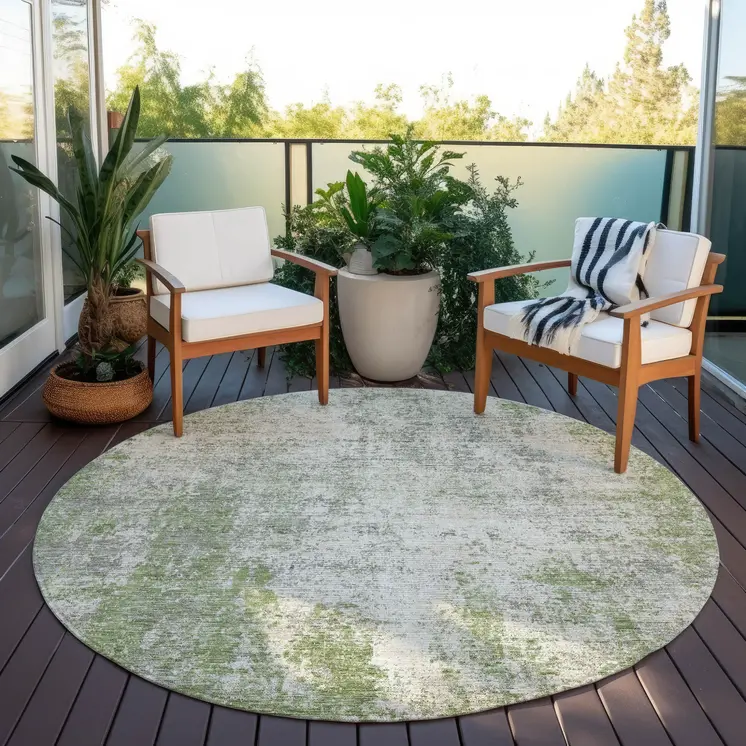 8' Green And Ivory Round Abstract Washable Indoor Outdoor Area Rug