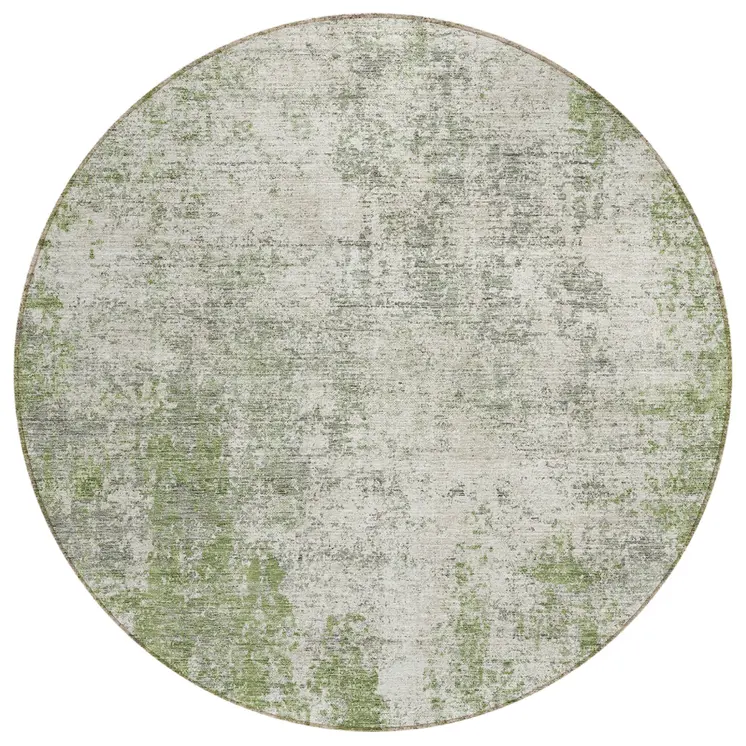 8' Green And Ivory Round Abstract Washable Indoor Outdoor Area Rug