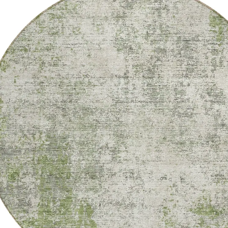 8' Green And Ivory Round Abstract Washable Indoor Outdoor Area Rug