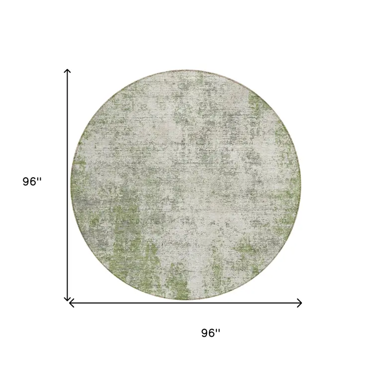 8' Green And Ivory Round Abstract Washable Indoor Outdoor Area Rug