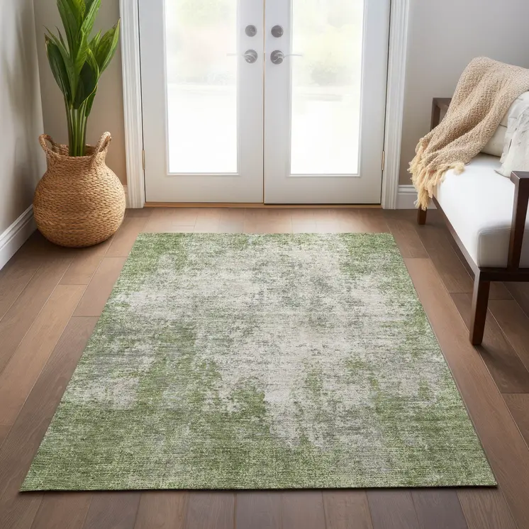 8' X 10' Green And Ivory Abstract Washable Indoor Outdoor Area Rug