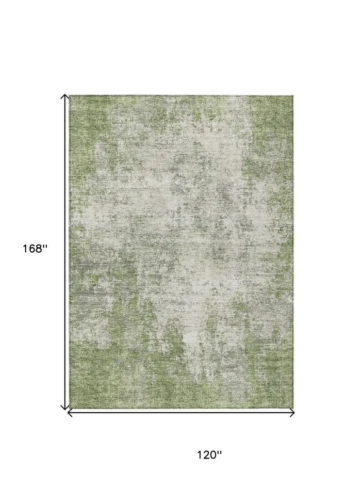 10' X 14' Green And Ivory Abstract Washable Indoor Outdoor Area Rug