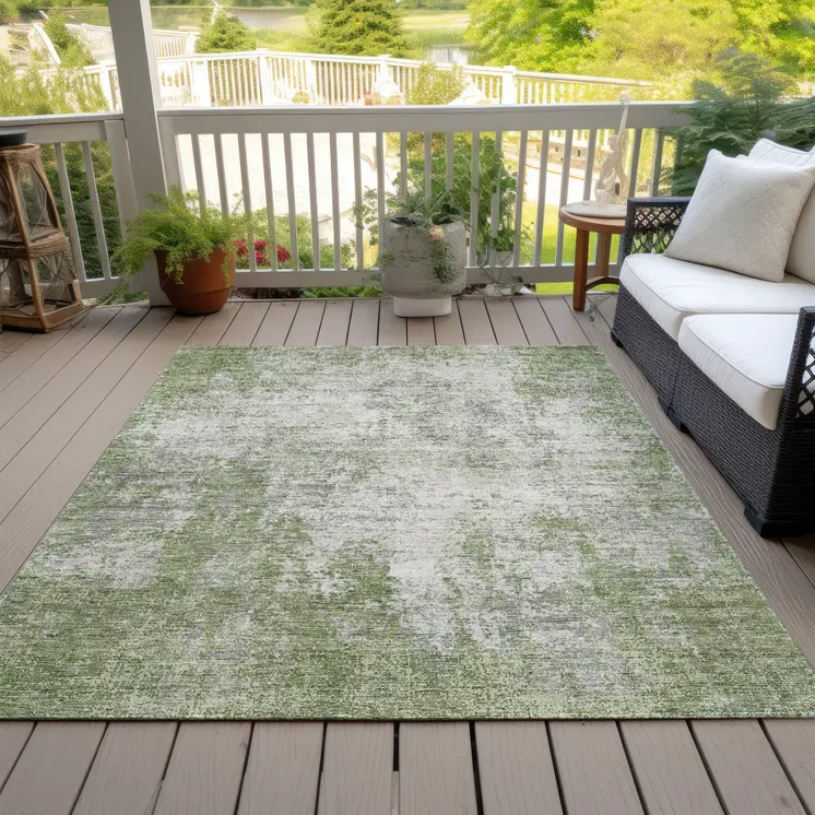 10' X 14' Green And Ivory Abstract Washable Indoor Outdoor Area Rug