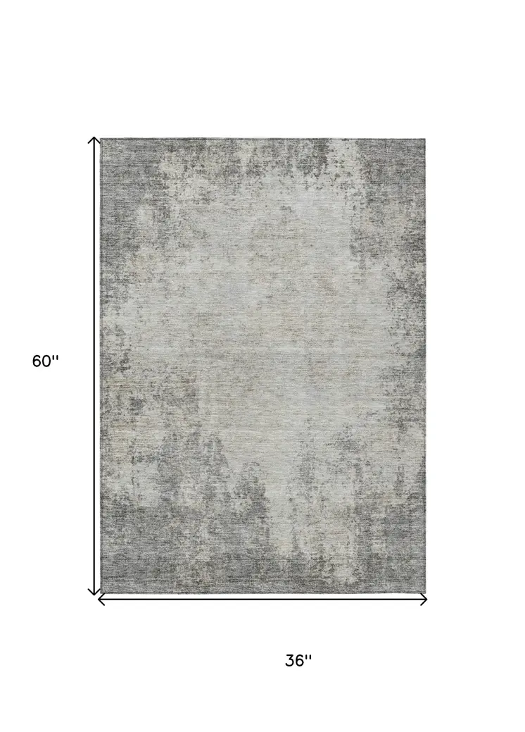 3' X 5' Gray And Ivory Abstract Washable Indoor Outdoor Area Rug
