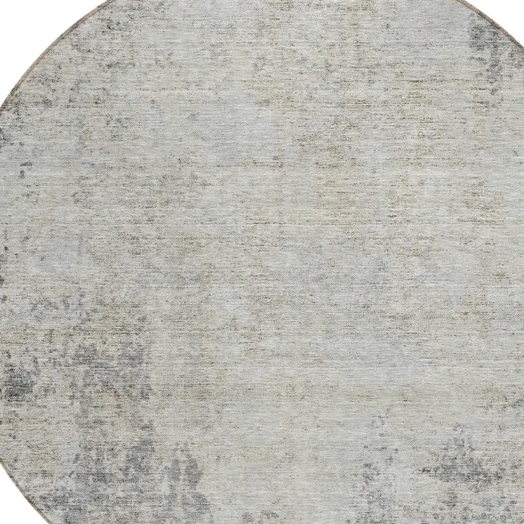 8' Gray And Ivory Round Abstract Washable Indoor Outdoor Area Rug