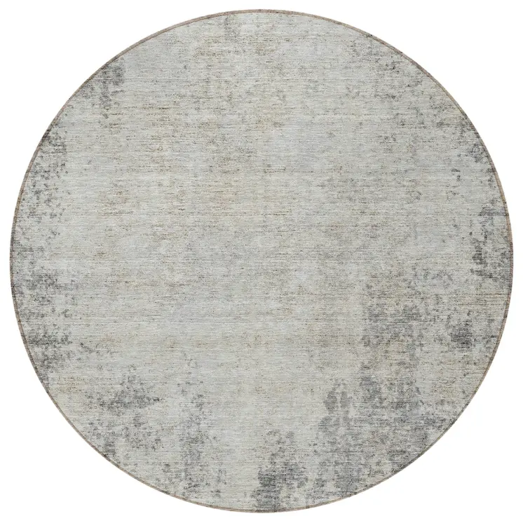 8' Gray And Ivory Round Abstract Washable Indoor Outdoor Area Rug