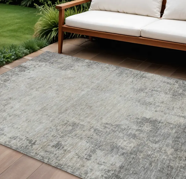 8' X 10' Gray And Ivory Abstract Washable Indoor Outdoor Area Rug