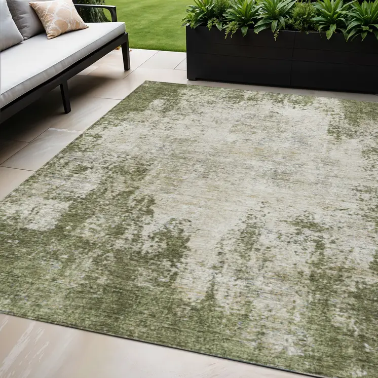 5' X 8' Olive Green And Ivory Abstract Washable Indoor Outdoor Area Rug
