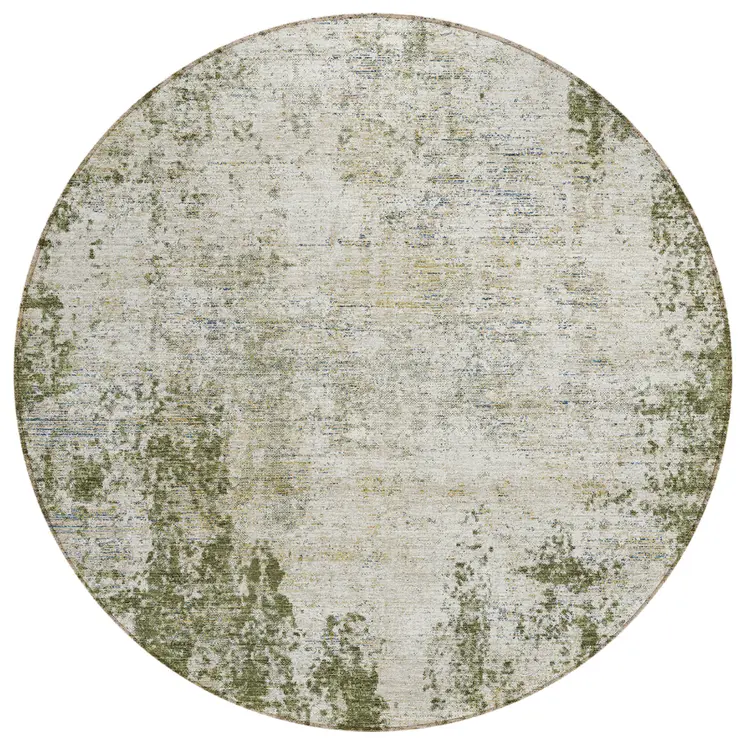 8' Olive Green And Ivory Round Abstract Washable Indoor Outdoor Area Rug