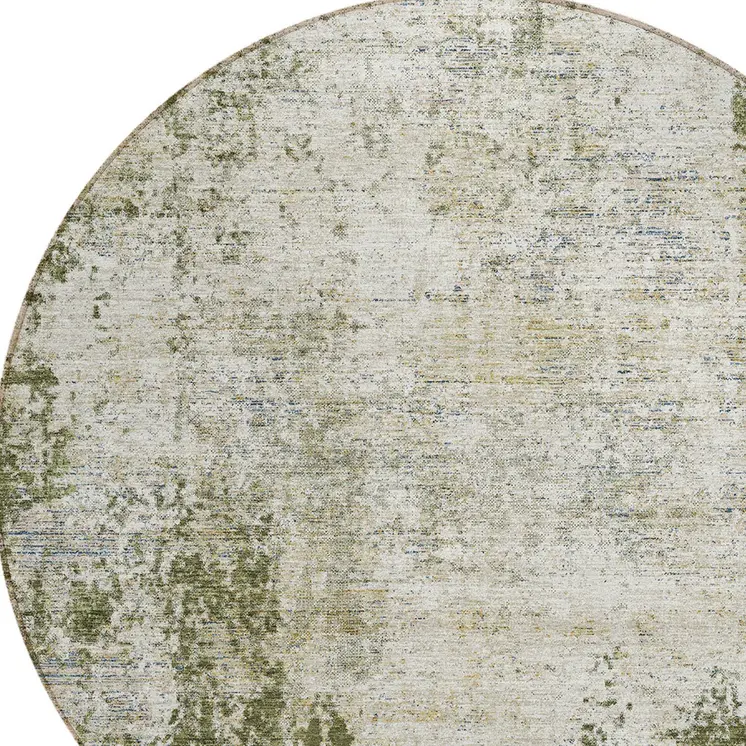 8' Olive Green And Ivory Round Abstract Washable Indoor Outdoor Area Rug