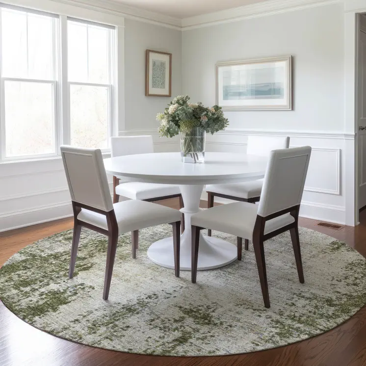 8' Olive Green And Ivory Round Abstract Washable Indoor Outdoor Area Rug