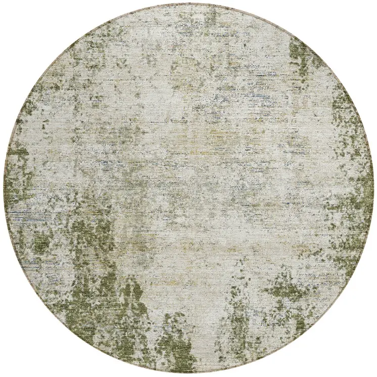 8' Olive Green And Ivory Round Abstract Washable Indoor Outdoor Area Rug