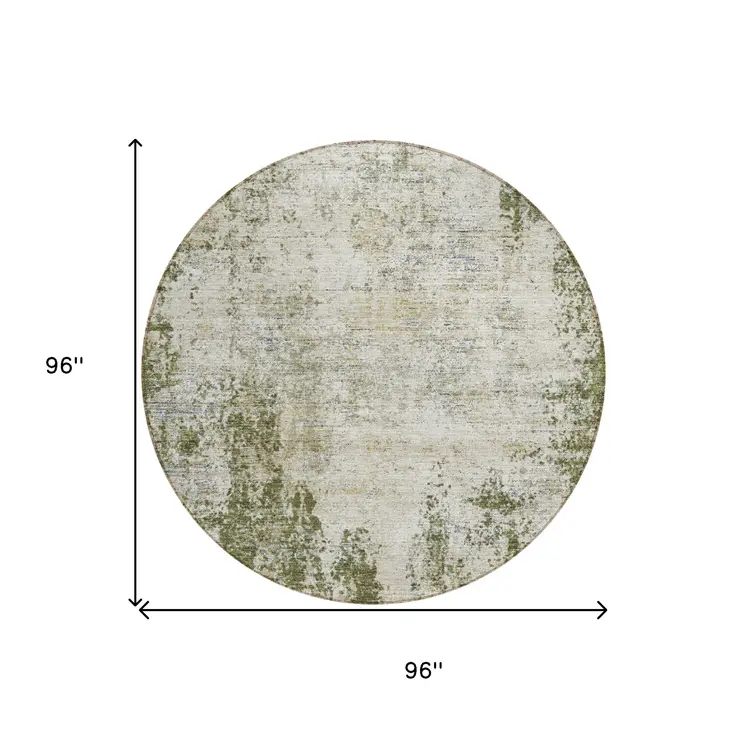 8' Olive Green And Ivory Round Abstract Washable Indoor Outdoor Area Rug