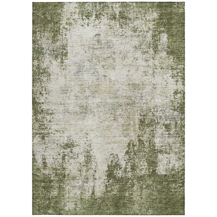 8' X 10' Olive Green And Ivory Abstract Washable Indoor Outdoor Area Rug