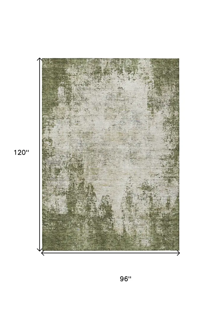 8' X 10' Olive Green And Ivory Abstract Washable Indoor Outdoor Area Rug