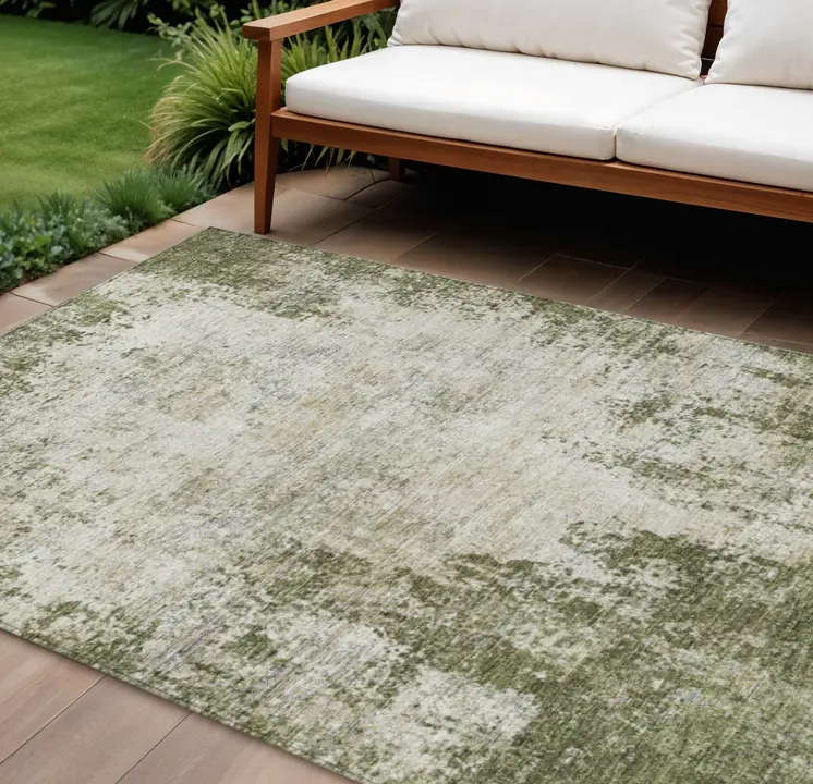 8' X 10' Olive Green And Ivory Abstract Washable Indoor Outdoor Area Rug
