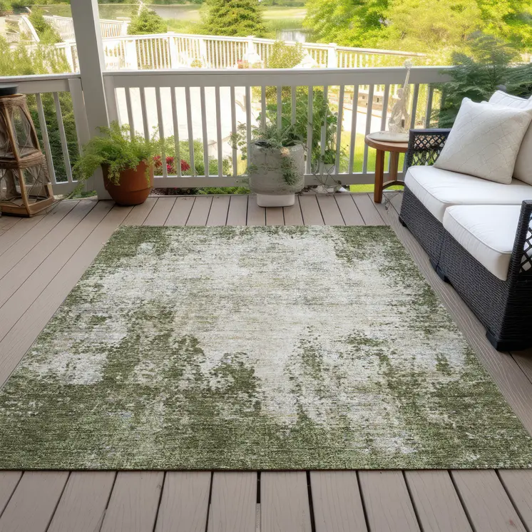 8' X 10' Olive Green And Ivory Abstract Washable Indoor Outdoor Area Rug