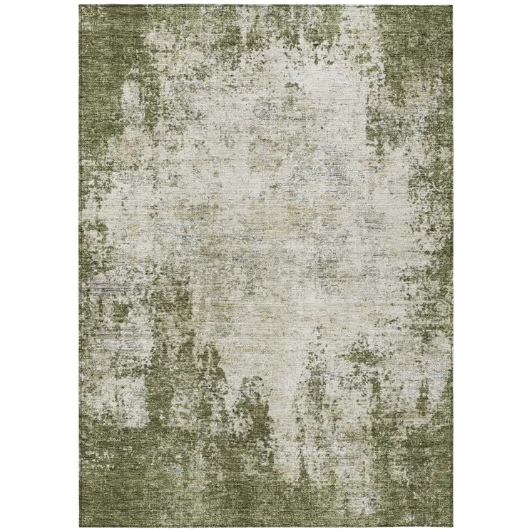 8' X 10' Olive Green And Ivory Abstract Washable Indoor Outdoor Area Rug