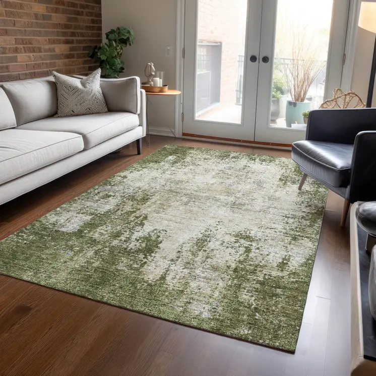 8' X 10' Olive Green And Ivory Abstract Washable Indoor Outdoor Area Rug