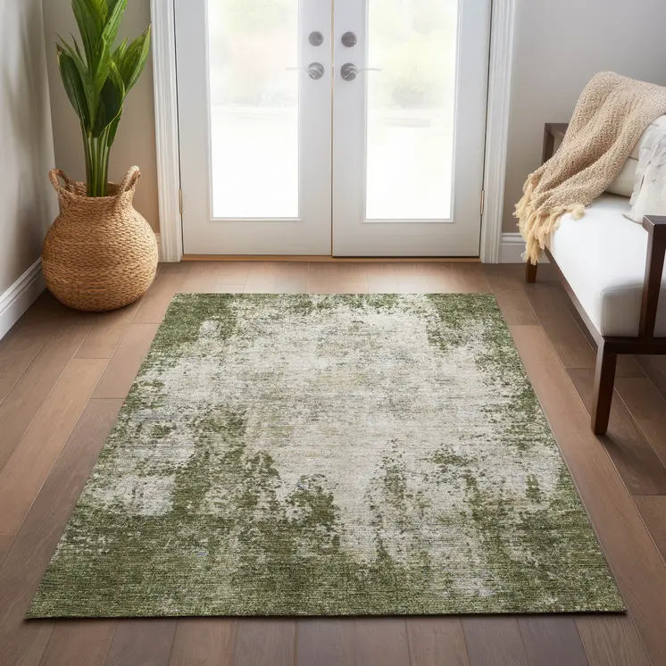 8' X 10' Olive Green And Ivory Abstract Washable Indoor Outdoor Area Rug