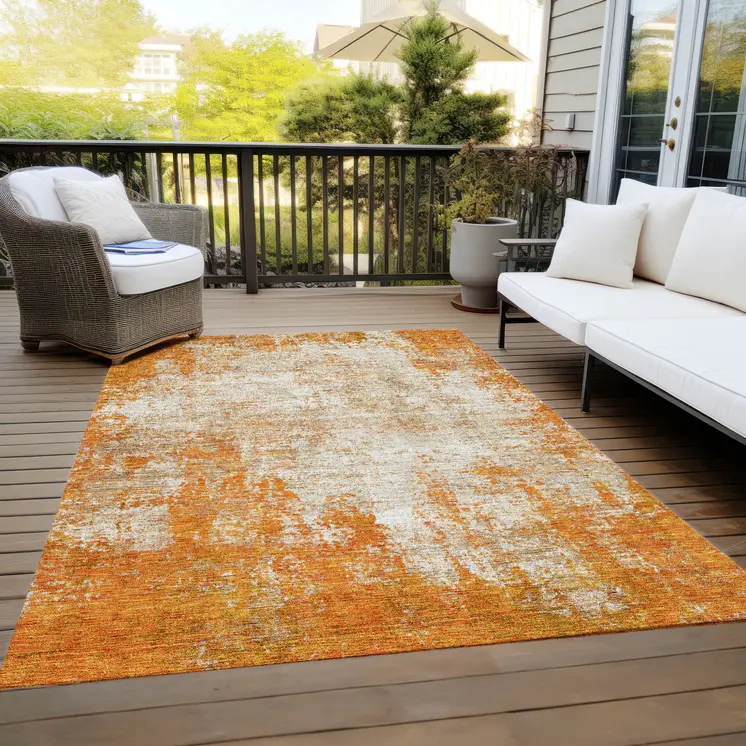 3' X 5' Orange And Ivory Abstract Washable Indoor Outdoor Area Rug
