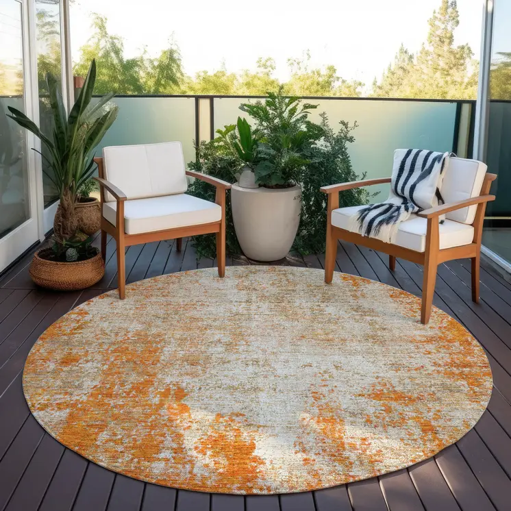 8' Orange And Ivory Round Abstract Washable Indoor Outdoor Area Rug