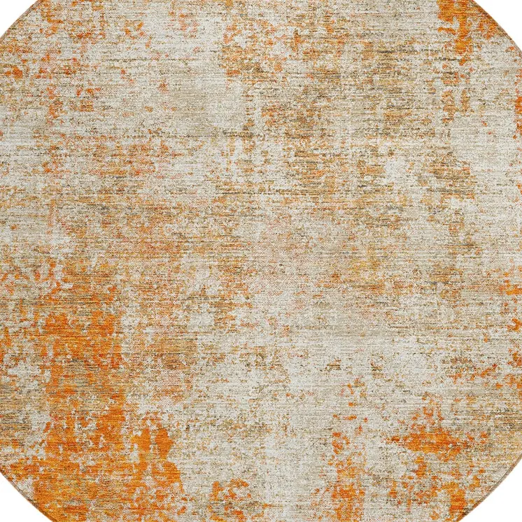 8' Orange And Ivory Round Abstract Washable Indoor Outdoor Area Rug