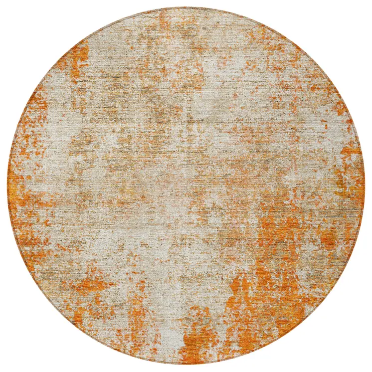 8' Orange And Ivory Round Abstract Washable Indoor Outdoor Area Rug