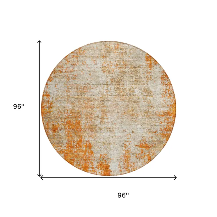 8' Orange And Ivory Round Abstract Washable Indoor Outdoor Area Rug