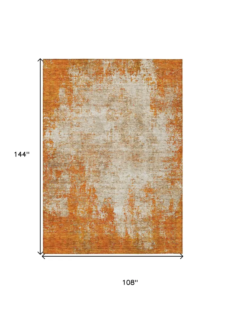 9' X 12' Orange And Ivory Abstract Washable Indoor Outdoor Area Rug