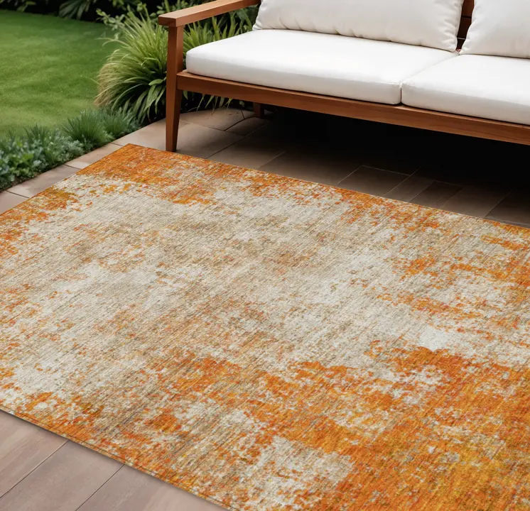 9' X 12' Orange And Ivory Abstract Washable Indoor Outdoor Area Rug