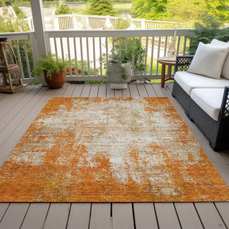 9' X 12' Orange And Ivory Abstract Washable Indoor Outdoor Area Rug