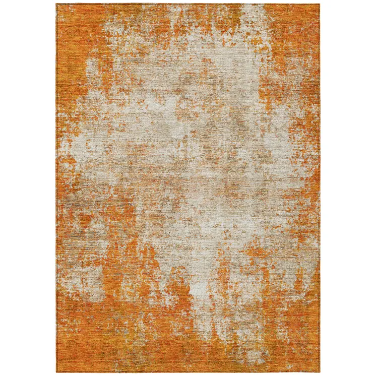 9' X 12' Orange And Ivory Abstract Washable Indoor Outdoor Area Rug