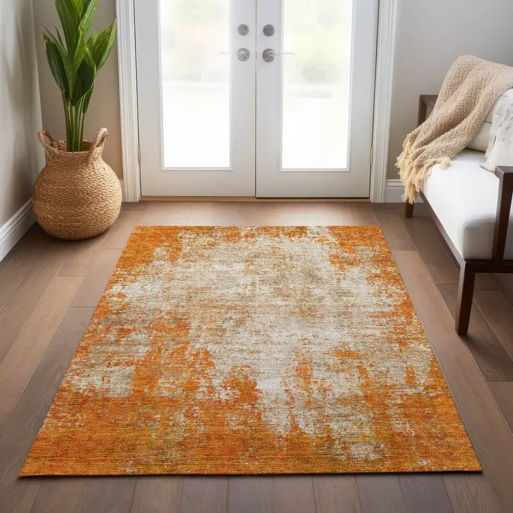 9' X 12' Orange And Ivory Abstract Washable Indoor Outdoor Area Rug