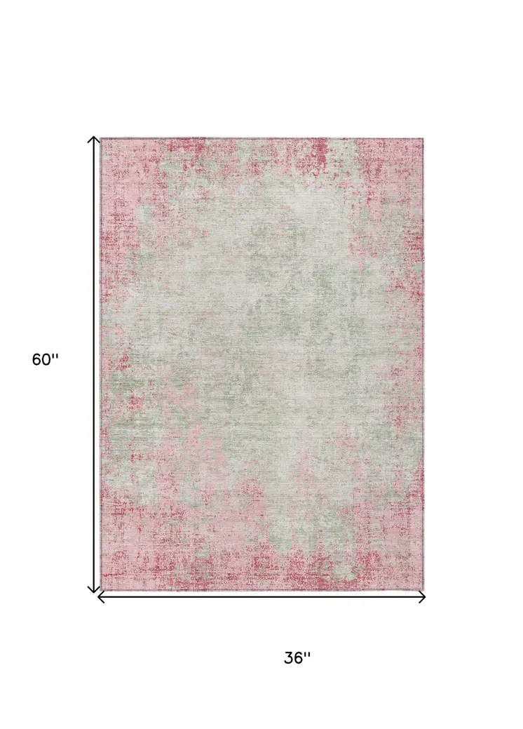3' X 5' Pink And Ivory Abstract Washable Indoor Outdoor Area Rug