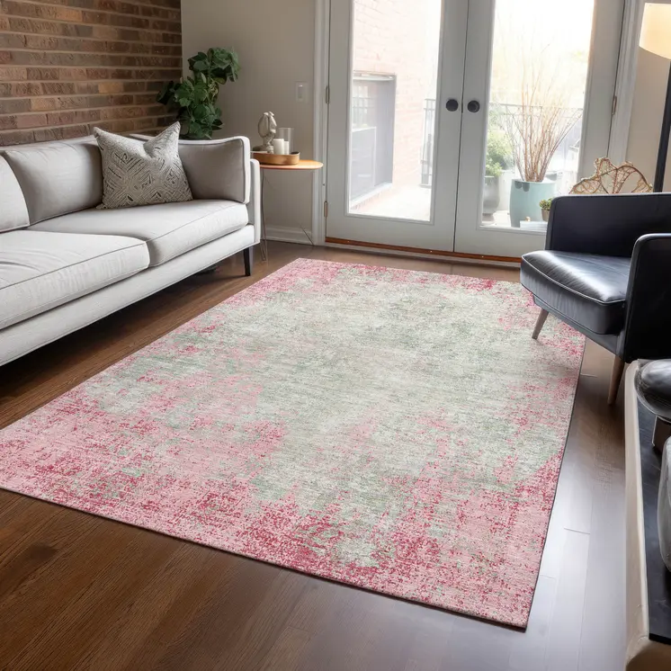 3' X 5' Pink And Ivory Abstract Washable Indoor Outdoor Area Rug