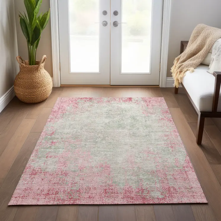3' X 5' Pink And Ivory Abstract Washable Indoor Outdoor Area Rug