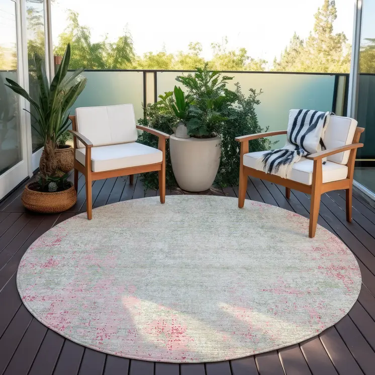 8' Pink And Ivory Round Abstract Washable Indoor Outdoor Area Rug