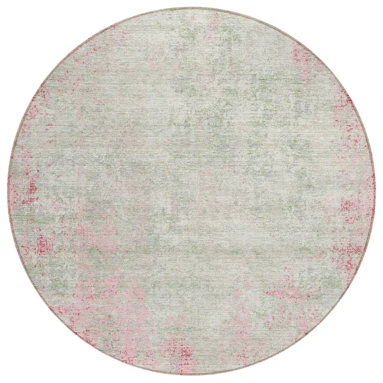 8' Pink And Ivory Round Abstract Washable Indoor Outdoor Area Rug