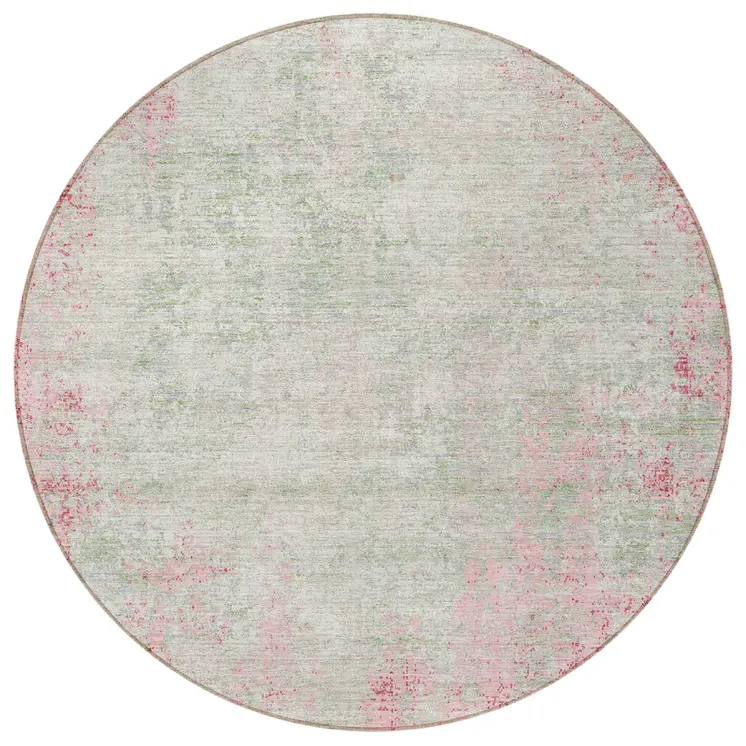 8' Pink And Ivory Round Abstract Washable Indoor Outdoor Area Rug