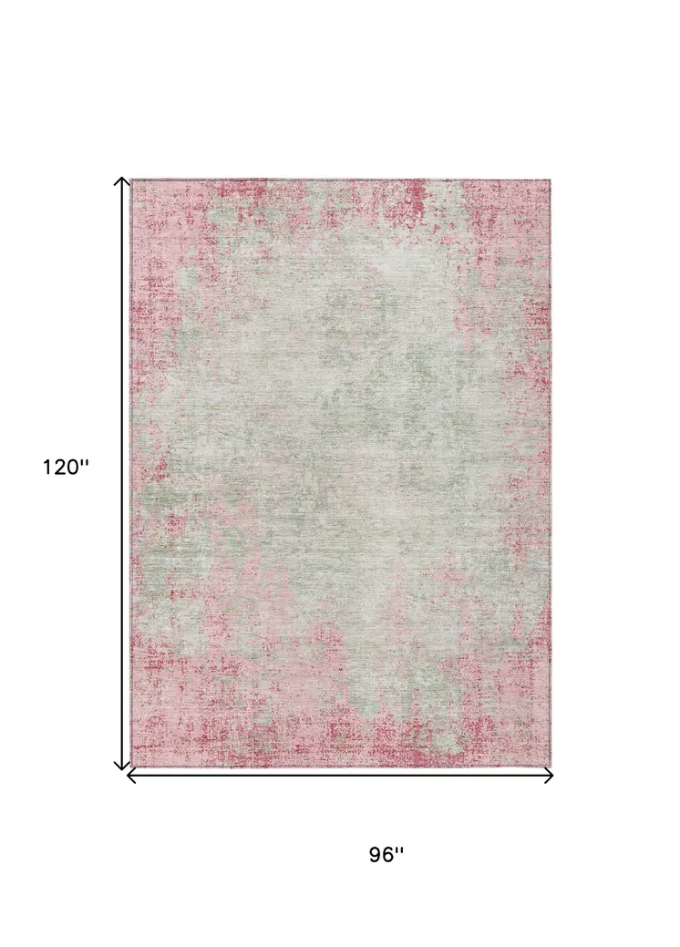 8' X 10' Pink And Ivory Abstract Washable Indoor Outdoor Area Rug