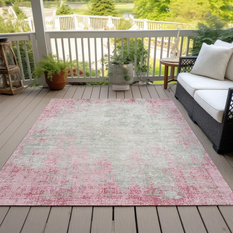 8' X 10' Pink And Ivory Abstract Washable Indoor Outdoor Area Rug