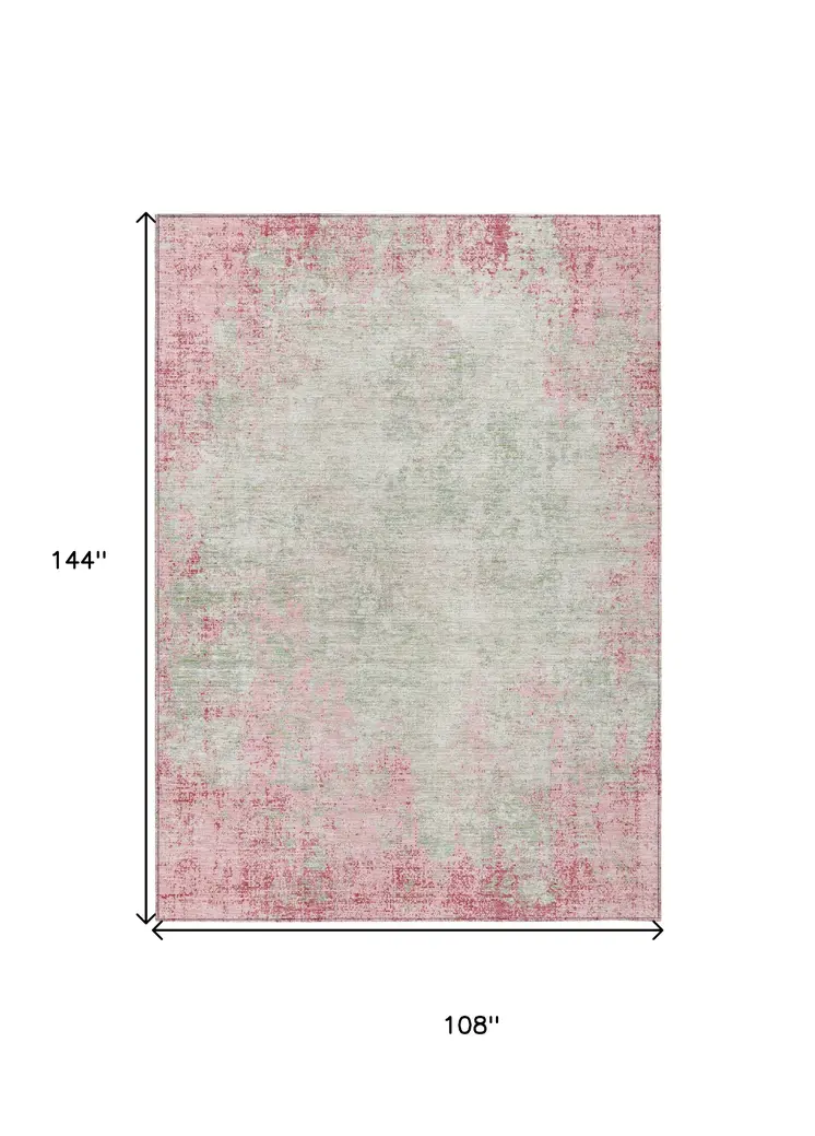 9' X 12' Pink And Ivory Abstract Washable Indoor Outdoor Area Rug