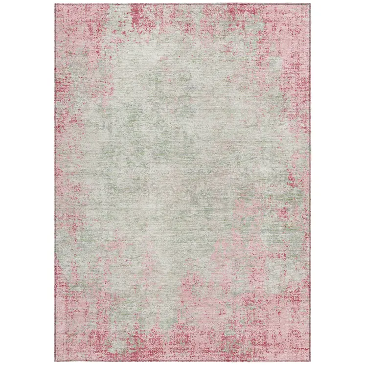 9' X 12' Pink And Ivory Abstract Washable Indoor Outdoor Area Rug