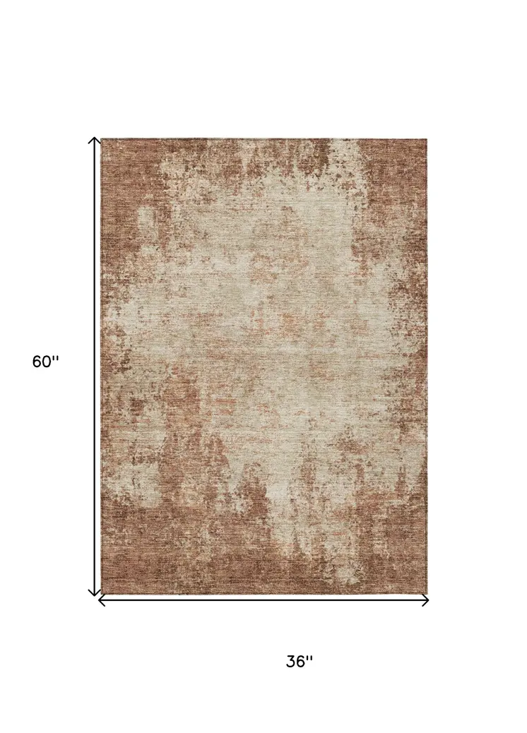 3' X 5' Orange And Beige Abstract Washable Indoor Outdoor Area Rug